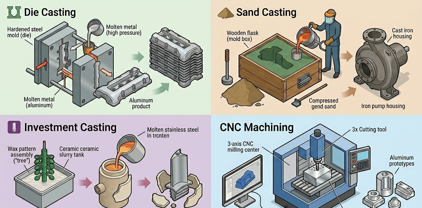 Die Casting vs Sand Casting vs Investment Casting vs CNC Machining